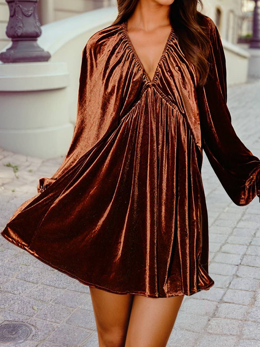 Elastic V Neck Puff Sleeve Short Velvet Dress Queens & Castles Boutique Elastic V Neck Puff Sleeve Short Velvet Dress Queens & Castles Boutique