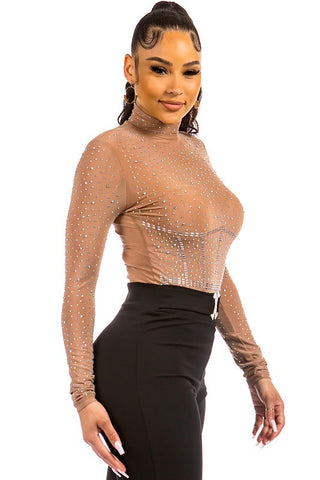 Nude Mock Neck Rhinestone Bodysuit