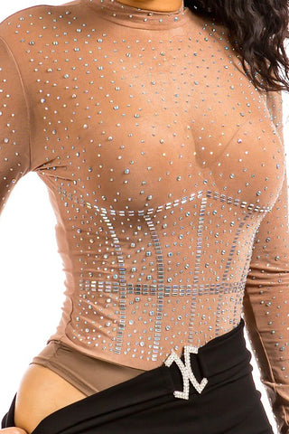 Nude Mock Neck Rhinestone Bodysuit