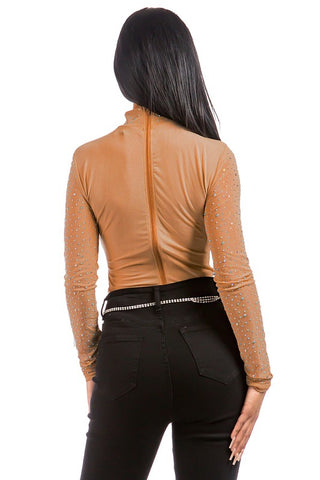 Nude Mock Neck Rhinestone Bodysuit