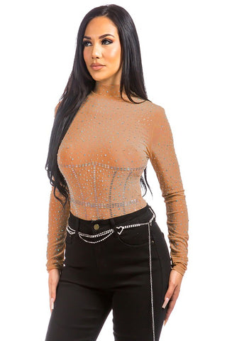 Nude Mock Neck Rhinestone Bodysuit