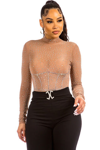 Nude Mock Neck Rhinestone Bodysuit