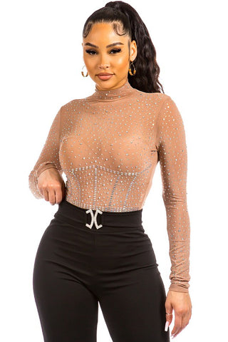 Nude Mock Neck Rhinestone Bodysuit