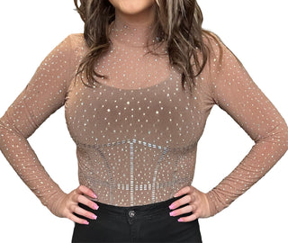 Nude Mock Neck Rhinestone Bodysuit