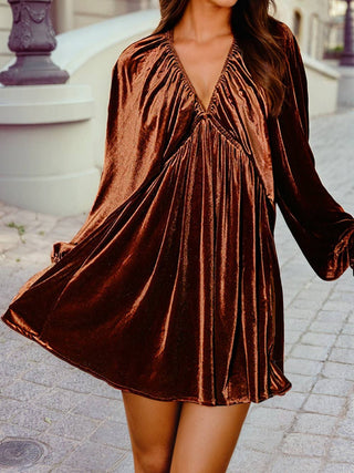 Elastic V Neck Puff Sleeve Short Velvet Dress Elastic V Neck Puff Sleeve Short Velvet Dress
