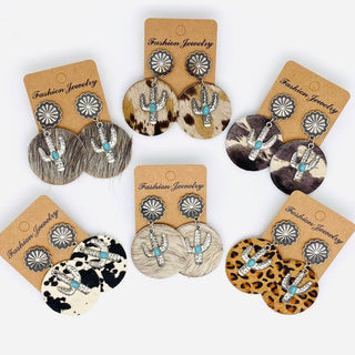Western Style Cactus Animal Skin Double Charm Earrings - WJ