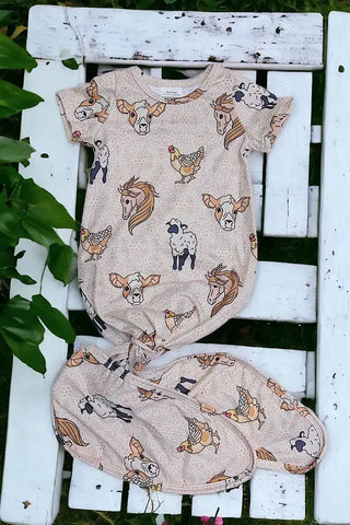 Farm Animal Printed Tie Baby Gown