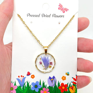Dried Flowers Floral Irregular Round Pendant Necklace