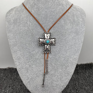 Turquoise Cross Charm Leather Rope Lariat Necklace - WJ
