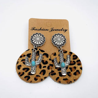 Western Style Cactus Animal Skin Double Charm Earrings - WJ