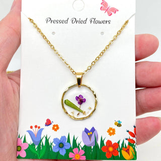 Dried Flowers Floral Irregular Round Pendant Necklace