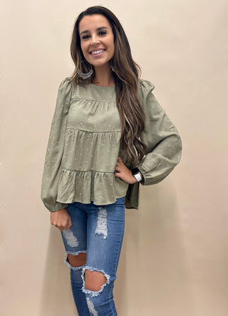 Olive Tiered Dot Blouse