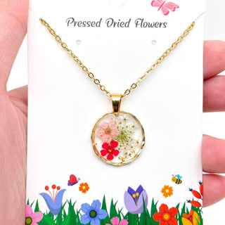 Dried Flowers Floral Irregular Round Pendant Necklace