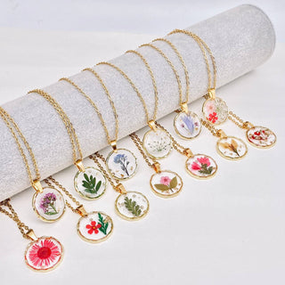 Dried Flowers Floral Irregular Round Pendant Necklace