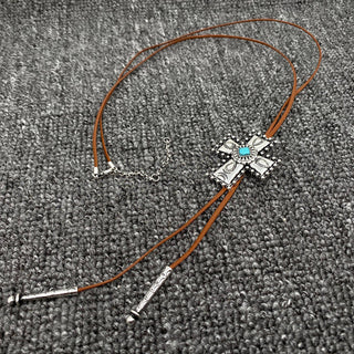 Turquoise Cross Charm Leather Rope Lariat Necklace - WJ