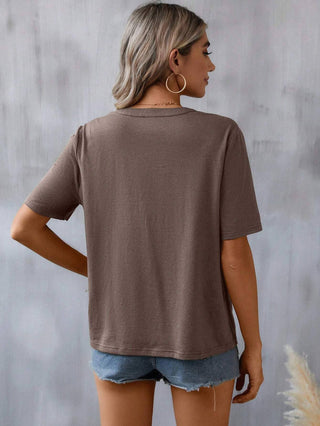 Brown Embroidery V Neck Short Sleeve Casual Top