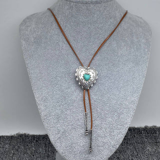 Turquoise Heart Charm Leather Rope Lariat Necklace - WJ