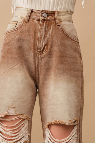 Tan Distressed Straight Denim Jeans