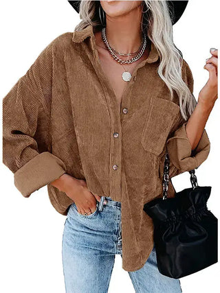 Women's Casual Loose Fit Corduroy Button-Down Shirt