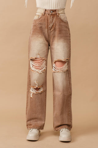 Tan Distressed Straight Denim Jeans