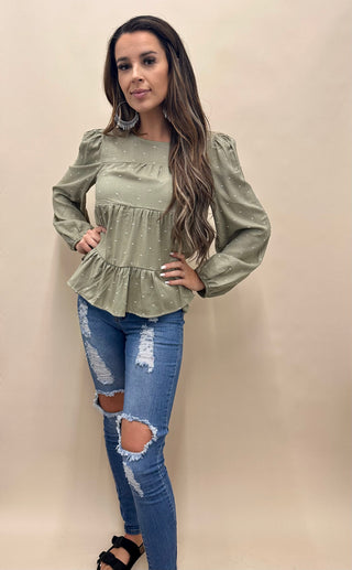 Olive Tiered Dot Blouse