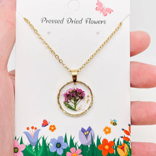 Dried Flowers Floral Irregular Round Pendant Necklace