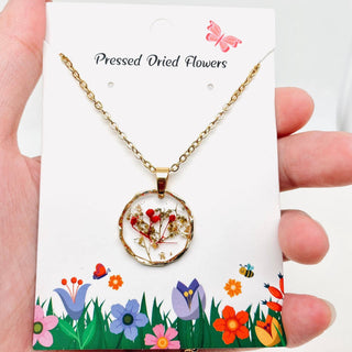 Dried Flowers Floral Irregular Round Pendant Necklace