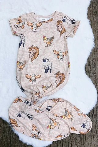 Farm Animal Printed Tie Baby Gown