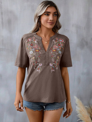 Brown Embroidery V Neck Short Sleeve Casual Top