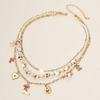 Western Cowboy Boot Hat Bow Cherry Heart Charm Station Pearl Floral Ceramic Ball Beaded Layered Necklace