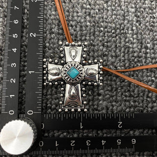 Turquoise Cross Charm Leather Rope Lariat Necklace - WJ