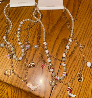 Western Cowboy Boot Hat Bow Cherry Heart Charm Station Pearl Floral Ceramic Ball Beaded Layered Necklace