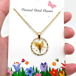 Dried Flowers Floral Irregular Round Pendant Necklace