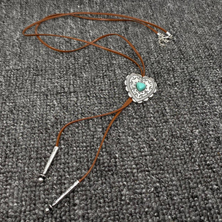 Turquoise Heart Charm Leather Rope Lariat Necklace - WJ