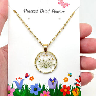 Dried Flowers Floral Irregular Round Pendant Necklace