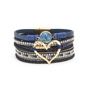 Boho Layered Heart Charm Rhinestone Magnetic Bracelet