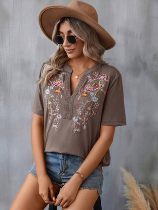Brown Embroidery V Neck Short Sleeve Casual Top