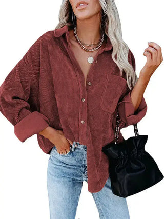 Women's Casual Loose Fit Corduroy Button-Down Shirt