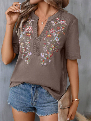 Brown Embroidery V Neck Short Sleeve Casual Top