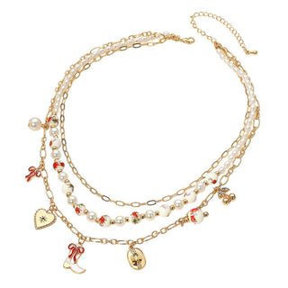 Western Cowboy Boot Hat Bow Cherry Heart Charm Station Pearl Floral Ceramic Ball Beaded Layered Necklace