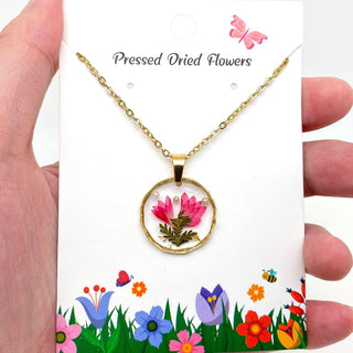 Dried Flowers Floral Irregular Round Pendant Necklace