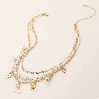 Western Cowboy Boot Hat Bow Cherry Heart Charm Station Pearl Floral Ceramic Ball Beaded Layered Necklace