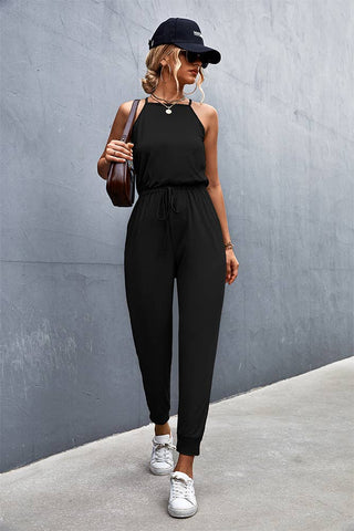 Halter Tied Waist Pants Jumpsuit - Black